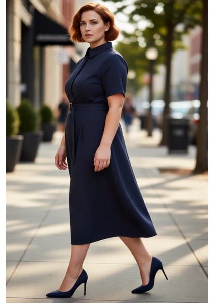 Kadın Büyük Beden Gömlek Elbise Kemer Detaylı Kısa Kollu Midi Boy Şık Poplin Dokuma Kaliteli