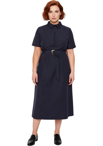 Kadın Büyük Beden Gömlek Elbise Kemer Detaylı Kısa Kollu Midi Boy Şık Poplin Dokuma Kaliteli modelleri