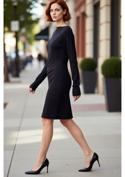 Kadın Siyah Bodycon Kaşkorse Örme Elbise Düşük Kol Uzun Boylu Büzgülü Mini Kışlık Şıklık Kaliteli modelleri