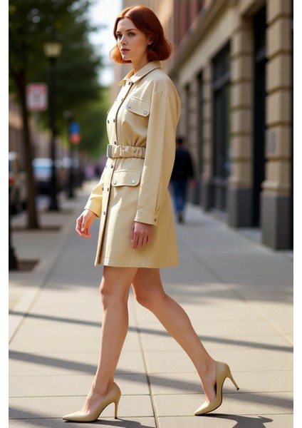 Kadın Bej %100 Pamuk Gabardin Dokuma Kemer Detaylı Uzun Kollu Ceket Yaka Düğmeli Mini Elbise Günlük modelleri