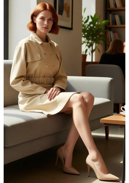 Kadın Bej %100 Pamuk Gabardin Dokuma Kemer Detaylı Uzun Kollu Ceket Yaka Düğmeli Mini Elbise Günlük fırsatları