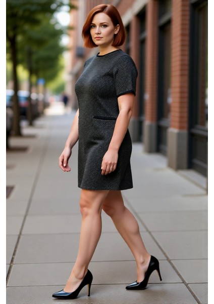 Kadın Kısa Kol Shift Kalıp Midi Boy Tüvit Dokuma Elbise Ofis ve Iş Ortamı Şıklığı Için Kaliteli