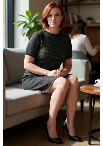 Kadın Kısa Kol Shift Kalıp Midi Boy Tüvit Dokuma Elbise Ofis ve Iş Ortamı Şıklığı Için Kaliteli fiyatları