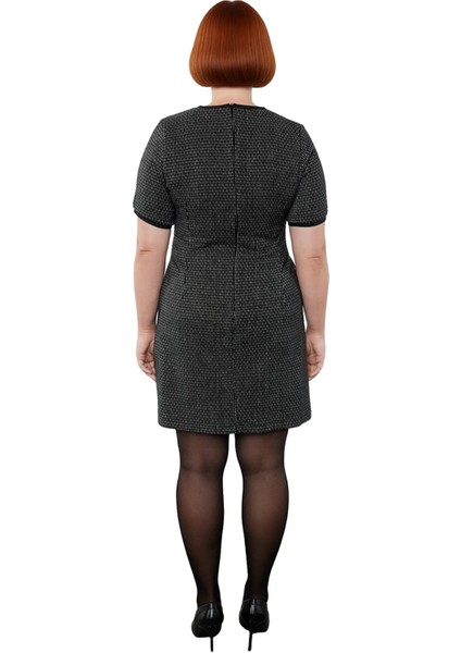 Kadın Kısa Kol Shift Kalıp Midi Boy Tüvit Dokuma Elbise Ofis ve Iş Ortamı Şıklığı Için Kaliteli fırsatları