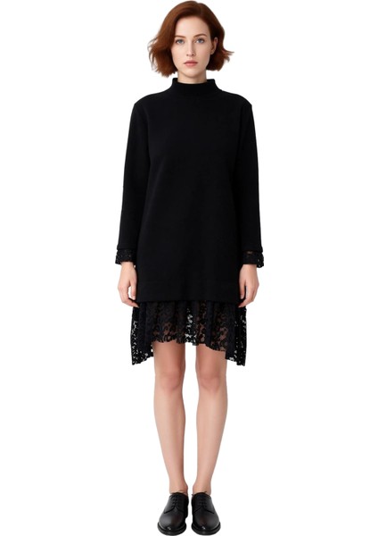 Kadın Örme Shift Elbise Dik Yaka Uzun Kollu Mini Boy Dantel Detaylı Selanik Dokuma Kış Modası