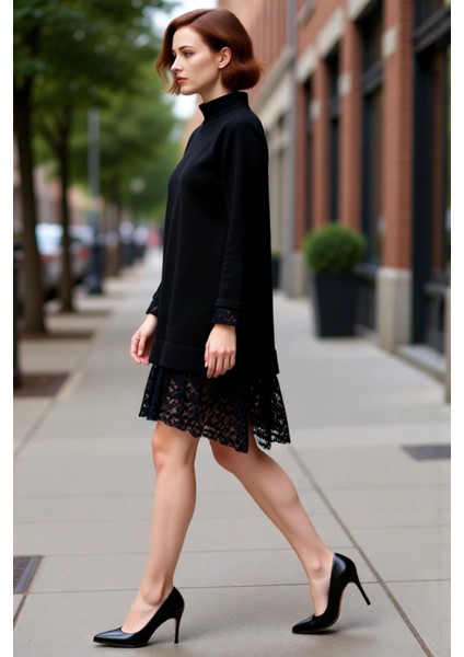 Kadın Örme Shift Elbise Dik Yaka Uzun Kollu Mini Boy Dantel Detaylı Selanik Dokuma Kış Modası modelleri