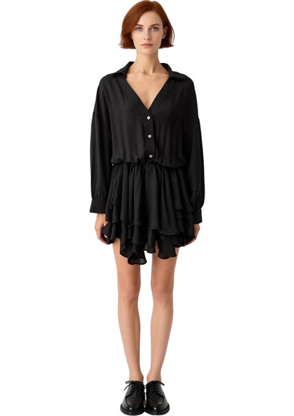 Kadın Uzun Kollu Siyah Şifon Mini Elbise Gömlek Yaka Düşük Kol Kesimiyle Günlük Şıklık Sunan Kışlık