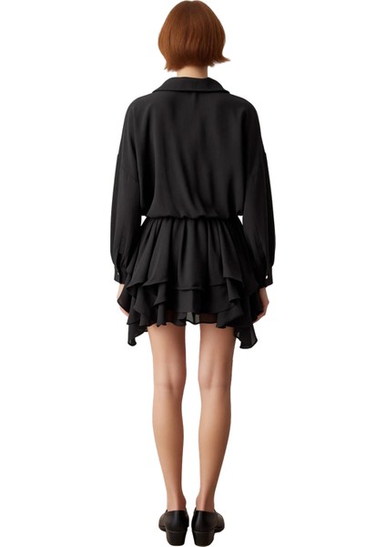 Kadın Uzun Kollu Siyah Şifon Mini Elbise Gömlek Yaka Düşük Kol Kesimiyle Günlük Şıklık Sunan Kışlık fiyatları