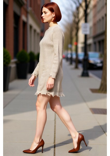 Kadın Günlük Akrilik Mini Elbise Shift Kalıp Akıtma Detaylı Bisiklet Yaka Uzun Kollu Triko Tasarım modelleri