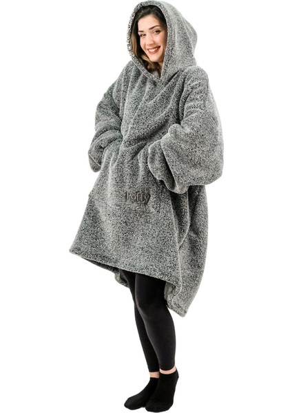 Oversize Giyilebilir Battaniye Tek Beden Çok Rahat Unisex Hoodie Peluş Kapüşonlu Sweatshirt (Gri-Siyah)