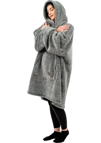 Oversize Giyilebilir Battaniye Tek Beden Çok Rahat Unisex Hoodie Peluş Kapüşonlu Sweatshirt (Gri-Siyah) modelleri