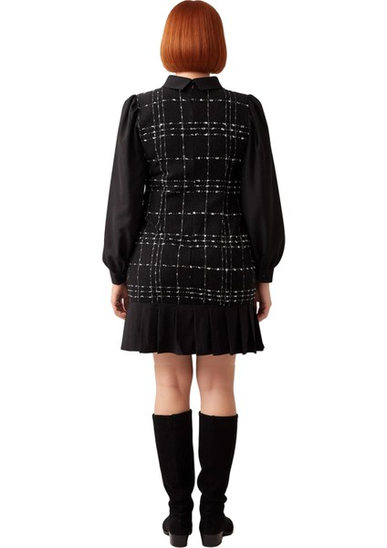 Kadın A Line Kesim Tüvit Gömlek Yaka Elbise Balon Kol Detaylı Ekose Desenli Kışlık Kısa Model modelleri