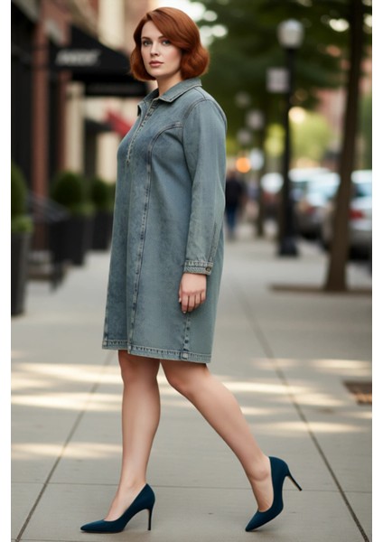 Kadınlar Için Konforlu %100 Pamuk Gömlek Yaka Uzun Kollu Denim Shift Elbise Mini Boy Kaliteli fırsatları