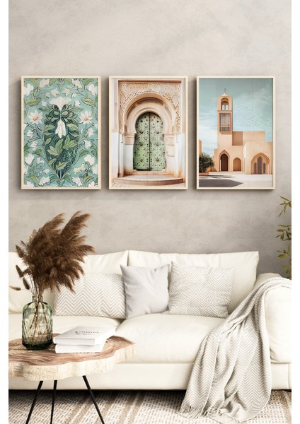 🌿 Yeşil Tonlarda Mimari ve Doğa Temalı 3'lü Çerçeveli Tablo Seti 🖼️🌸 CRV1217 23 x 32 fırsatları