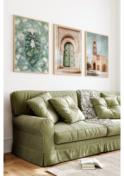 🌿 Yeşil Tonlarda Mimari ve Doğa Temalı 3'lü Çerçeveli Tablo Seti 🖼️🌸 CRV1217 23 x 32 indirimleri