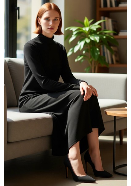 Kadın Dik Yaka Triko Maxi Elbise A Kesim Uzun Kollu Akrilik Rahat Kışlık Günlük Kombinler Için Ideal fırsatları