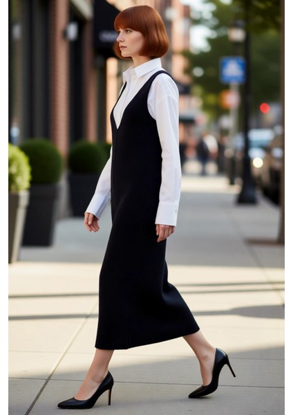 Kadınlara Özel Kolsuz Akrilik Triko Midi Jile Elbise V Yaka Düz Desen Casual Tarzınızı Tamamlar modelleri