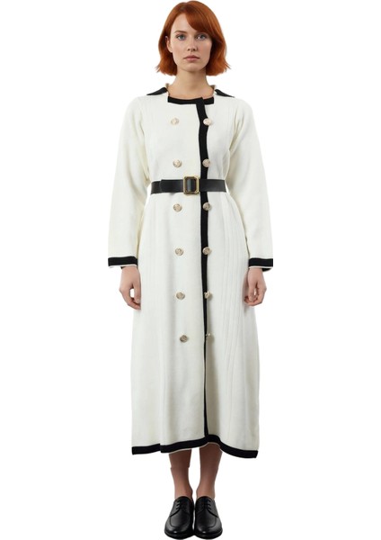 Kadın Smart Office A Line Kuşaklı Düğmeli Triko Elbise Ceket Yaka Uzun Kollu Kış Stili Kaliteli