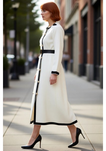 Kadın Smart Office A Line Kuşaklı Düğmeli Triko Elbise Ceket Yaka Uzun Kollu Kış Stili Kaliteli modelleri