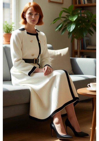 Kadın Smart Office A Line Kuşaklı Düğmeli Triko Elbise Ceket Yaka Uzun Kollu Kış Stili Kaliteli fırsatları