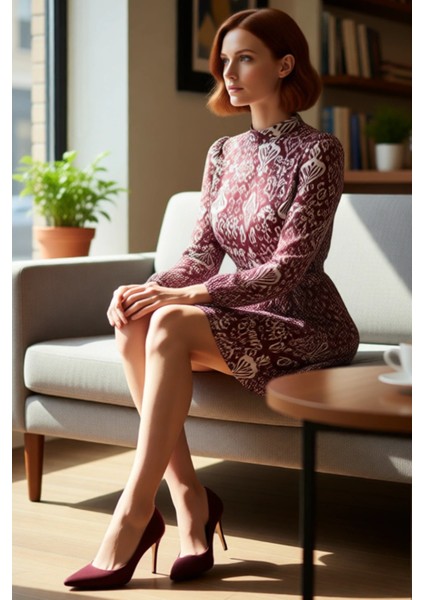 Kadın Dik Yaka Uzun Kollu Etnik Desenli Şifon Mini Elbise Kuşaklı Skater Kesim Şık Gündüz Gece