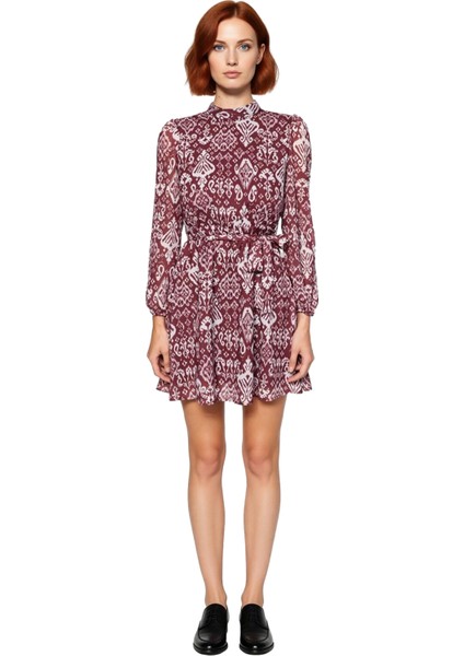 Kadın Dik Yaka Uzun Kollu Etnik Desenli Şifon Mini Elbise Kuşaklı Skater Kesim Şık Gündüz Gece fiyatları