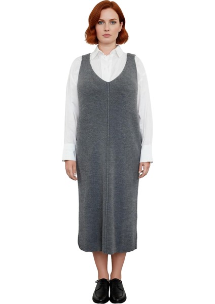 Kadın Gri Shift Kalıp Triko Jile Midi Elbise V Yaka Düz Dokulu Konforlu Ilkbahar Sonbahar Kaliteli modelleri