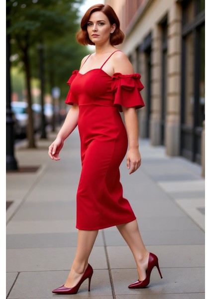 Kadın Bodycon Kalp Yaka Midi Abiye Elbise Ince Askılı Omuz Fırfırlı Özel Davetler Için Şık Tasarım