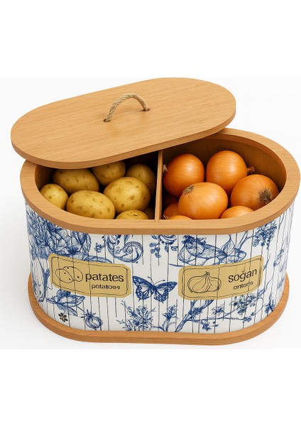 2 Bölmeli Patates Soğanlık - Bambu - Oval Mavi Desen modelleri