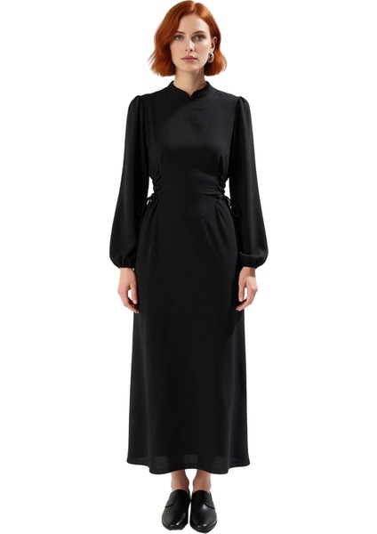 Kadın Lacivert Aerobin Dokuma Maxi Boy Hakim Yaka Britli Düz Rahat Şık Günlük Elbise Kaliteli