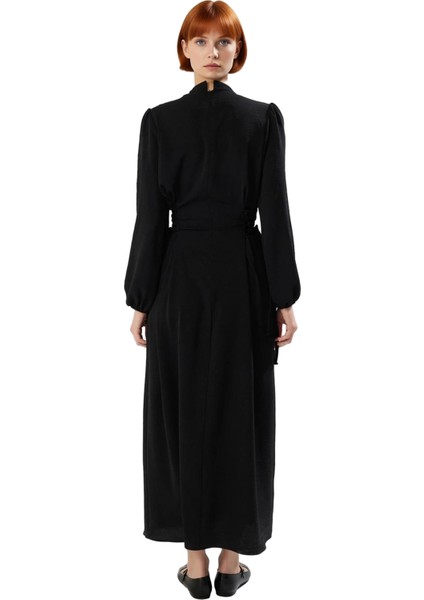 Kadın Lacivert Aerobin Dokuma Maxi Boy Hakim Yaka Britli Düz Rahat Şık Günlük Elbise Kaliteli fiyatları