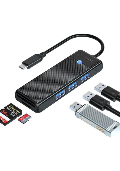 Type-C To 3.0 Tf Sd Kart Okuyucu 3 Portlu USB 3.0 Çoklayıcı Adaptör Siyah