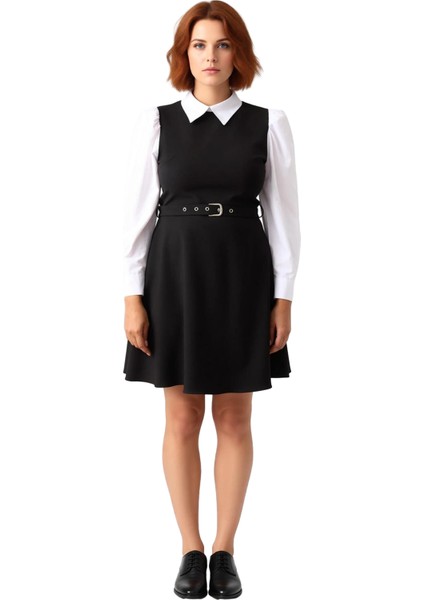 Kadın Skater Belden Açılan Dokuma Kemerli Mini Elbise Gömlek Yaka Detayıyla Tamamlandı Kaliteli fiyatları