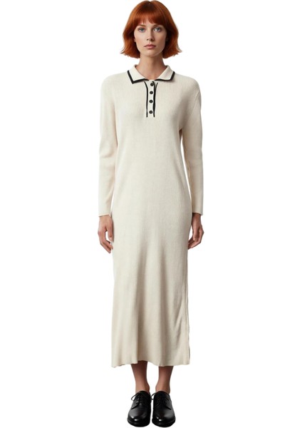 Kadın Biyeli Polo Yaka Triko Elbise Shift Kalıp Uzun Kollu Maxi Boy Kışlık Rahat ve Modern Bir Stil