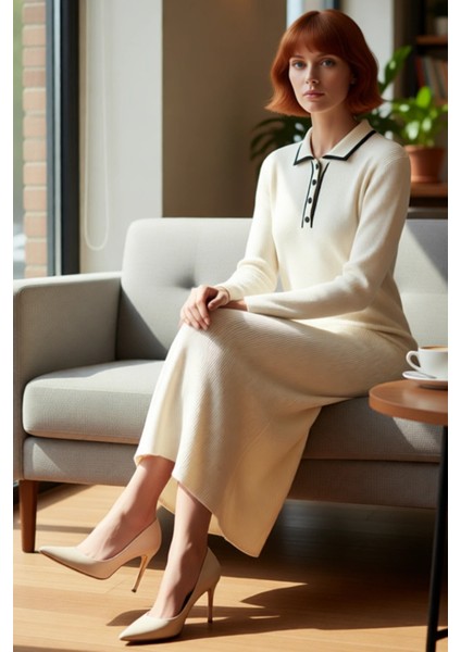 Kadın Biyeli Polo Yaka Triko Elbise Shift Kalıp Uzun Kollu Maxi Boy Kışlık Rahat ve Modern Bir Stil fırsatları