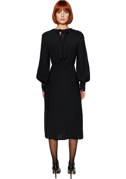 Kadın Dokuma Polyester Düz Desen Degaje Yaka Uzun Balon Kol Midi Elbise Kışlık Şık Gündüz Gece fiyatları