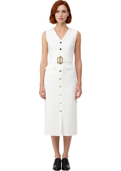 Kadınlar Için Düz Desenli Bodycon Siluet Kolsuz Midi Dokuma Elbise V Yaka ve Kemerli Tasarım