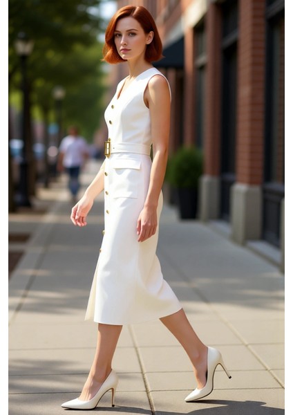 Kadınlar Için Düz Desenli Bodycon Siluet Kolsuz Midi Dokuma Elbise V Yaka ve Kemerli Tasarım modelleri