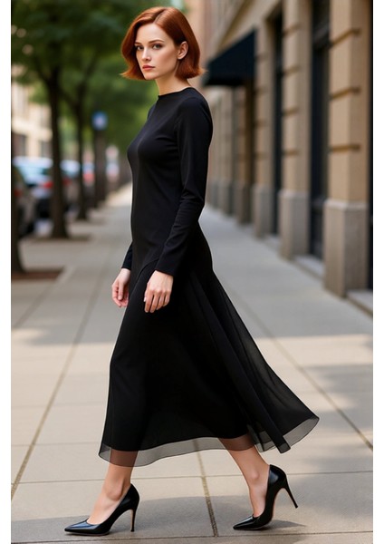 Kadın Şık Kayık Yaka Uzun Kollu Siyah Astarlı Maxi Boy Tül Detaylı Bodycon Örme Elbise Kaliteli modelleri