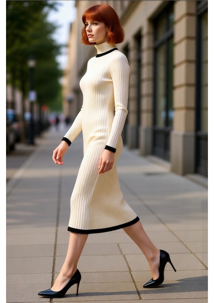 Kadın Balıkçı Yaka Siyah Midi Triko Elbise Renk Bloklu Detaylarla Şık ve Modern Kış Stili Kaliteli modelleri