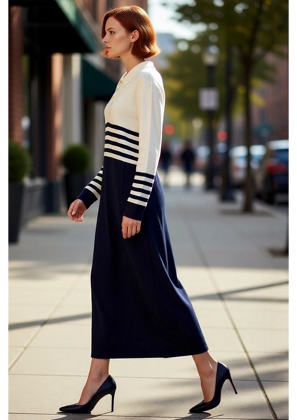 Kadın Maxi Boy Çizgili Polo Yaka Düşük Kol Triko Elbise Rahat Akrilik Kışlık Şık Görünüm Kaliteli fırsatları