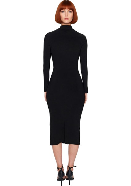 Kadın Fitted Dik Yaka Uzun Kollu Midi Boy Elbise Drape Detaylı Yırtmaçlı Örme Kışlık Stili fiyatları