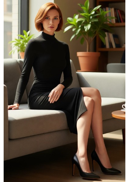 Kadın Fitted Dik Yaka Uzun Kollu Midi Boy Elbise Drape Detaylı Yırtmaçlı Örme Kışlık Stili fırsatları