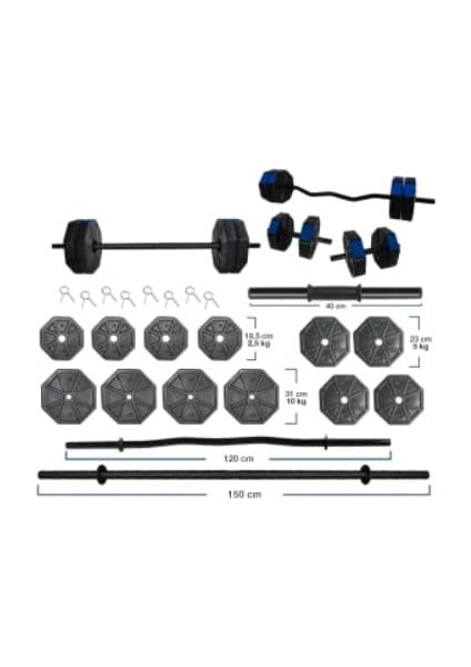 Spor 70 kg Düz Bar (150 cm + Z Bar ( 120 cm ) Dambıl Ağırlık Halter Full Set Mavi Kapaklı modelleri