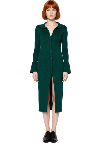 Kadın Triko Polo Yaka Maxi Elbise Fitilli Düz Uzun Kollu Bodycon Kesim Şık Kış Kombinleri Için