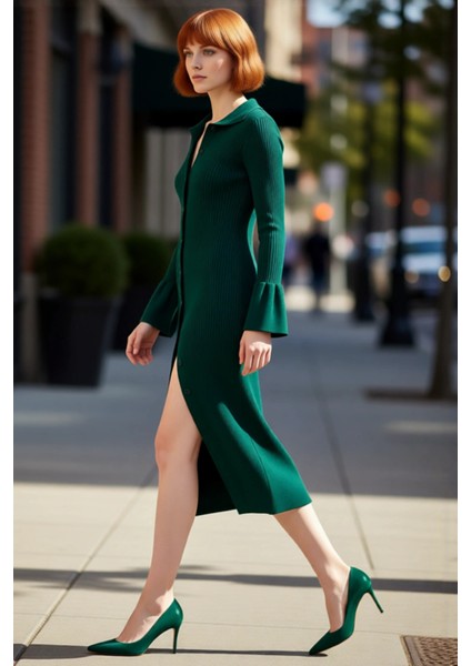 Kadın Triko Polo Yaka Maxi Elbise Fitilli Düz Uzun Kollu Bodycon Kesim Şık Kış Kombinleri Için modelleri