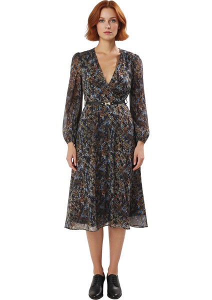 Kadın Şifon Kruvaze Yaka Elbise Soyut Desenli Kemer Detaylı Uzun Balon Kol Midi Boy Skater