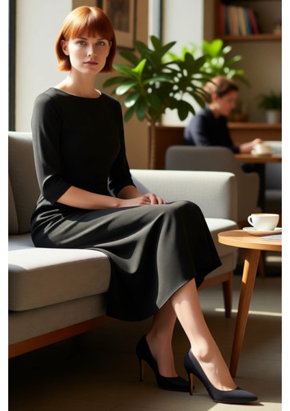 Kadın Kayık Yaka 3 4 Kol Midi Elbise Skater Kesimiyle Modern ve Zamansız Bir Görünüm Sunar fırsatları