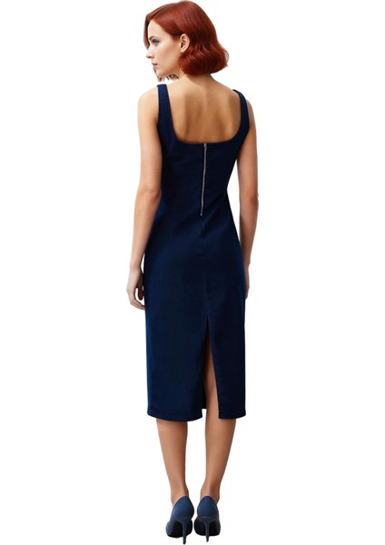 Kadın Mavi Kolsuz Denim Elbise Bodycon Kalıp Kare Yaka Midi Boy Ilkbahar Sonbahar Şıklığı Kaliteli fiyatları