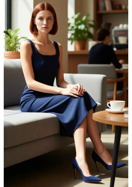 Kadın Mavi Kolsuz Denim Elbise Bodycon Kalıp Kare Yaka Midi Boy Ilkbahar Sonbahar Şıklığı Kaliteli fırsatları